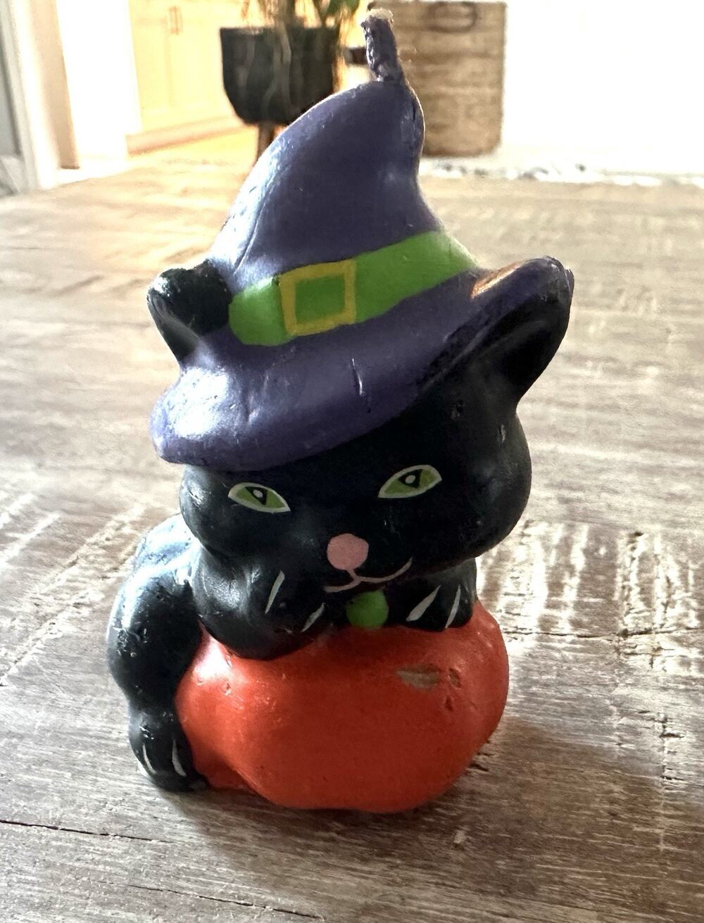 Vintage Halloween Black Cat W/Witches Hat On Pumpkin